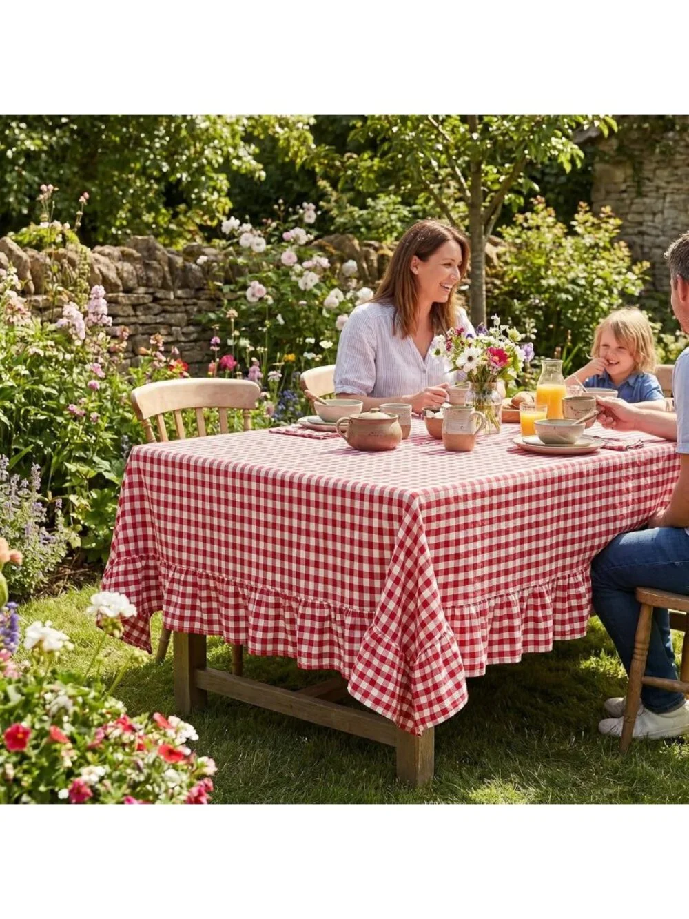 Red & White Gingham Ruffled Tablecloth - 100% Cotton, Rectangular for Farmhouse
